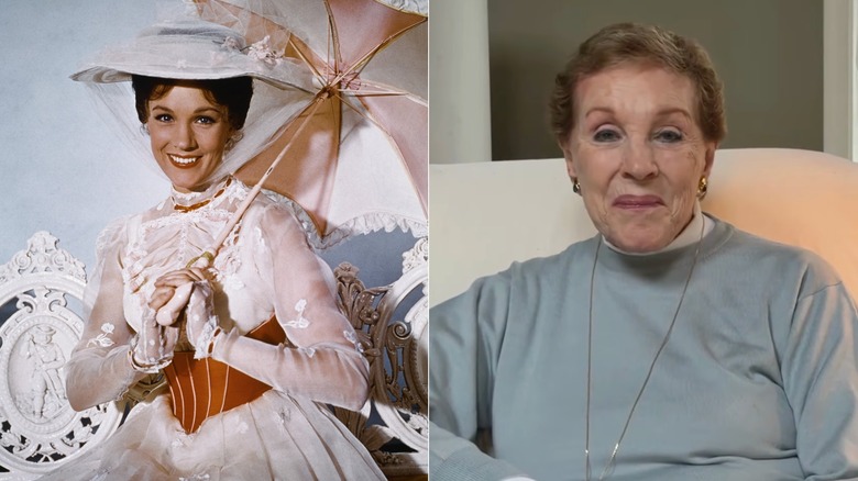Julie Andrews in "Mary Poppins" on the left and on a video call in 2026 wearing a blue sweater.