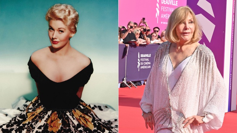 Kim Novak in "Phffft" on the left and at a red carpet event in 2025 wearing a sparkly silver top on the right.