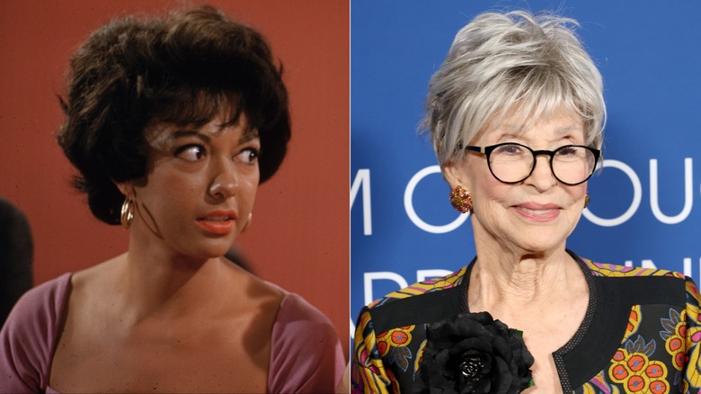 Rita Moreno in "West Side Story" on the left and at an event in 2026 wearing glasses and a colorful top.