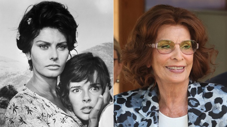 Sophia Loren in "Two Women" on the left and wearing a blue jacket and light sunglasses in 2024 on the right.