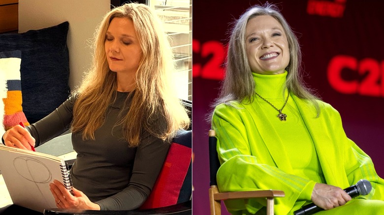 Side-by-side photos of Ariana Richards sketching at home and sitting on stage in a neon-green outfit.