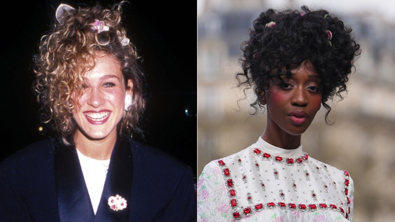 L: Sarah Jessica Parker with a curly updo in the '80s. R: A woman with a curly updo in 2026
