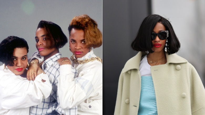 L: Salt-N-Pepa with asymmetrical bobs in the '80s. R: A woman with an asymmetrical bob in 2026
