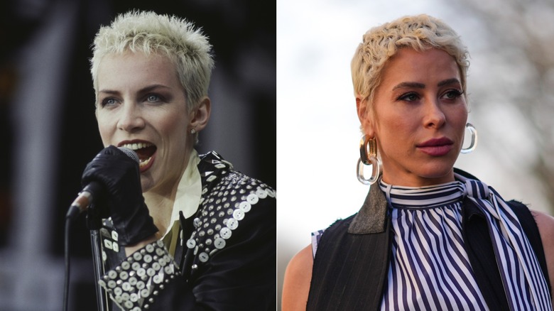 L: Annie Lennox with a blond pixie in the '80s. R: A woman with a blond pixie in 2026