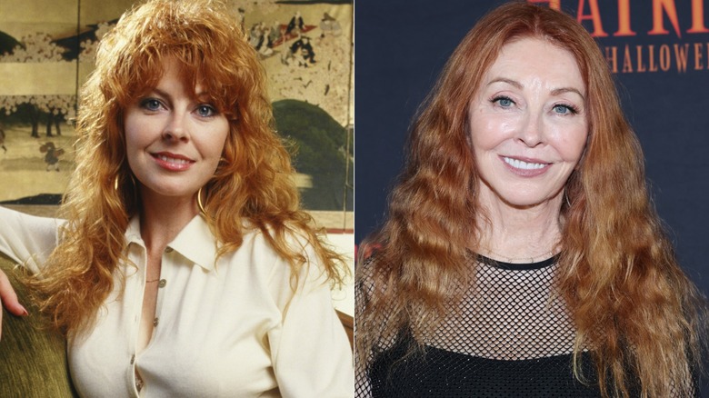 Cassandra Peterson with copper hair in the '80s and now