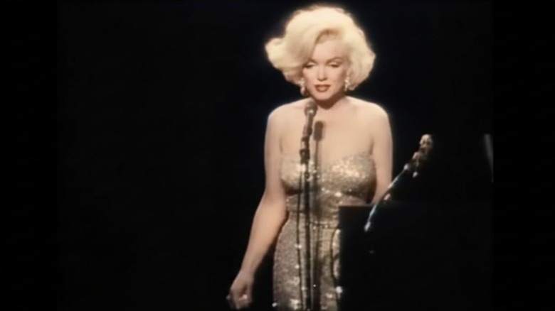 Marilyn Monroe wearing nude gown for JFK's birthday celebration.