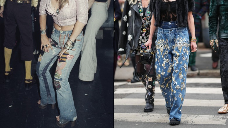 Left image: Two women dance at a nightclub in the 1970s, one is wearing jeans covered in multicolor patches. Right image: A woman wearing jeans embellished with gold decals.