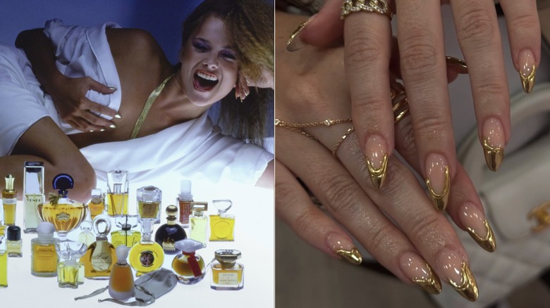 Left image: A woman poses in a 1970s perfume ad with gold nails. Right image: A modern gold chrome manicure.