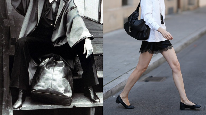Left image: A woman sitting down while wearing leather shoes. Right image: A woman walking with leather shoes in the street