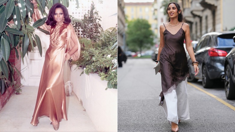 Left image: Diana Ross wearing an orange satin dress in the 1970s. Right image: A woman wearing a gold slip dress