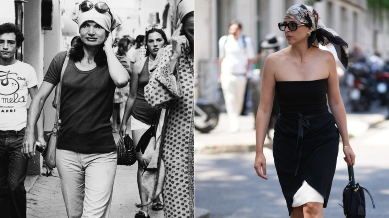 Left image: Jackie Kennedy wearing a headscarf during a trip to the Mediterranean in the 1970s. Right image: A woman wearing a silk headscarf and a black dress.