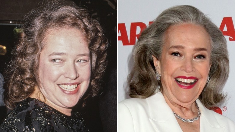 Kathy Bates in 1990 with brown curls, and in 2026 with her gray hair