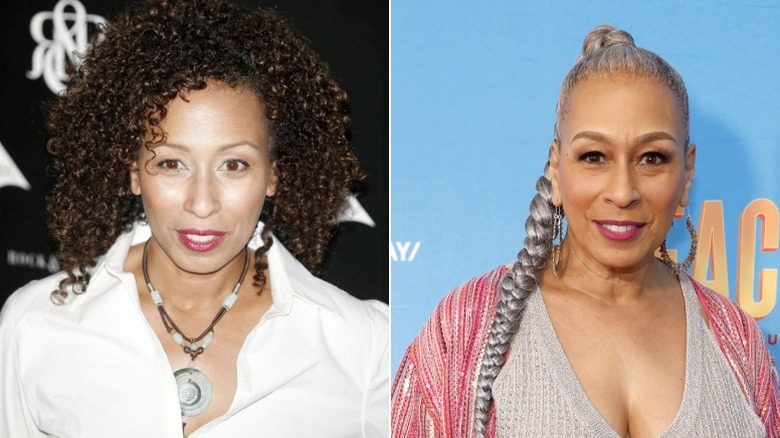 Tamara Tunie poses at events with brown hair and a silver braid