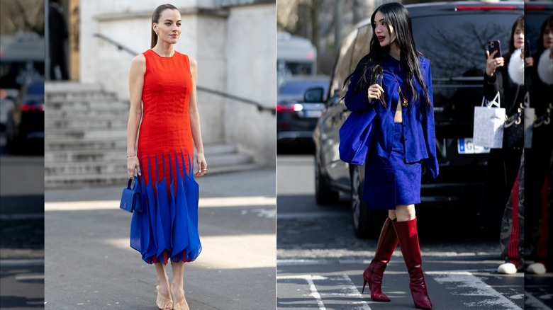 Cleopatra zu Oettingen-Spielberg in a red a cobalt blue sleeveless dress during Paris Fashion Week in March 2026 / Heart Evangelista in a cobalt blue suede shirt and skirt with red knee-high boots during Paris Fashion Week in March 2026