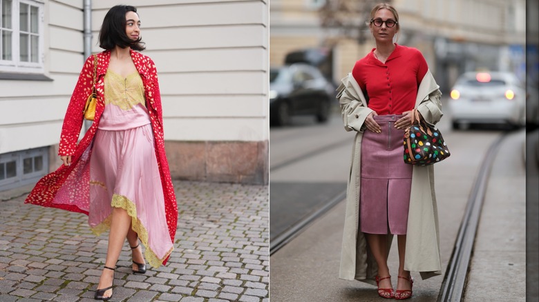 A guest in a pink lace cami and matching skirt with a red overcoat during Copenhagen Fashion Week in August 2026 / Karin Teigl wearing a red polo shirt, pink midi skirt and a trenchcoat in Vienna, Austria in March 2026