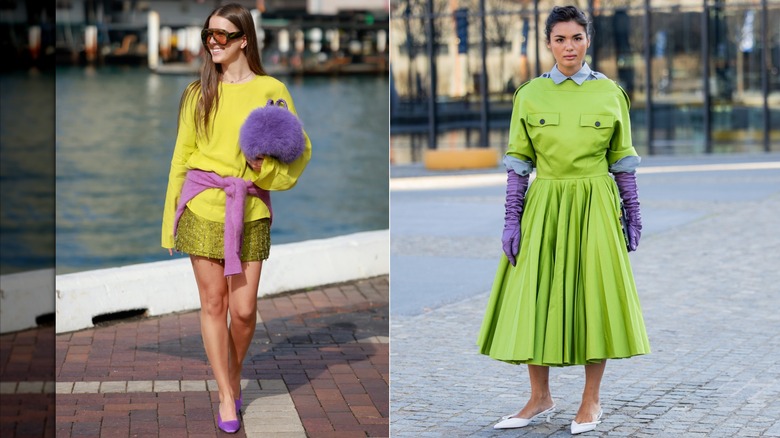 Mattie Gouman wears a lime-yellow sweatshirt, green beaded skirt, and purple accesories during Australian Fashion Week in Sydney in May 2026 / Clara Kong Vila wears a green pleated dress and purple gloves during Milan Fashion Week in February 2026