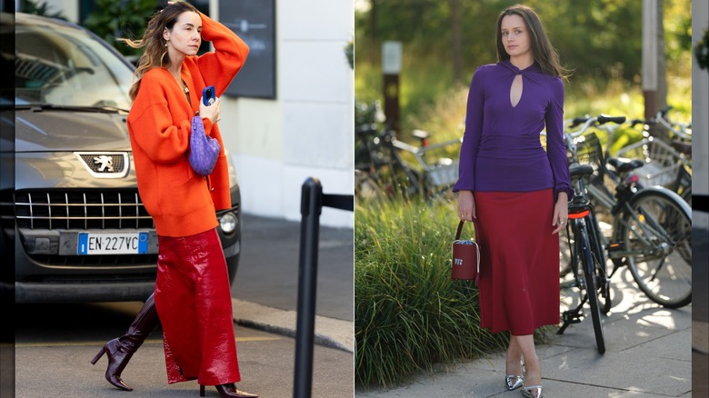 A passerby in an orange sweater, red maxi skirt, and purple boots and a purple bag during Milan Design Week in April 2026 / A guest in a purple blouse and burgundy midi skirt during Copenhagen Fashion Week in July 2026