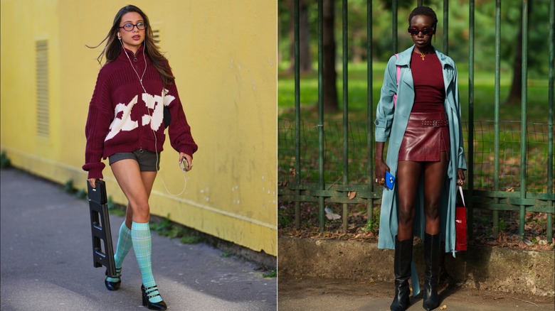 A guest in a burgundy sweater, short, and turquoise knee-high socks during Paris Fashion Week in March 2026 / A guest wearing a burgundy blouse, leather miniskirt, and turquoise trenchcoat during Milan Fashion Week in September 2024