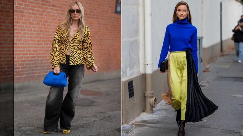 A guest in a yellow and black tiger print jacket, black jeans, and a cobalt blue handbag during Copenhagen Fashion Week in August 2026 / Victoria Magrath wears a cobalt blue turtleneck sweater and yellow pleated skirt during Paris Fashion Week in September 2023
