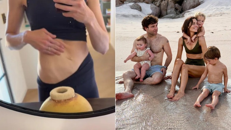 On left, Mandy Moore shows what she calls her "loose skin" after having three babies so close together in her Instagram stories in July 2026. On right, Mandy Moore vacations with her family of five on the beach in Punta Mita, Mexico in July 2025.
