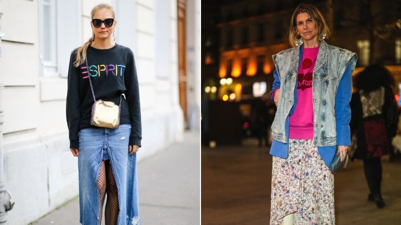 Two street style women wearing logo sweatshirts