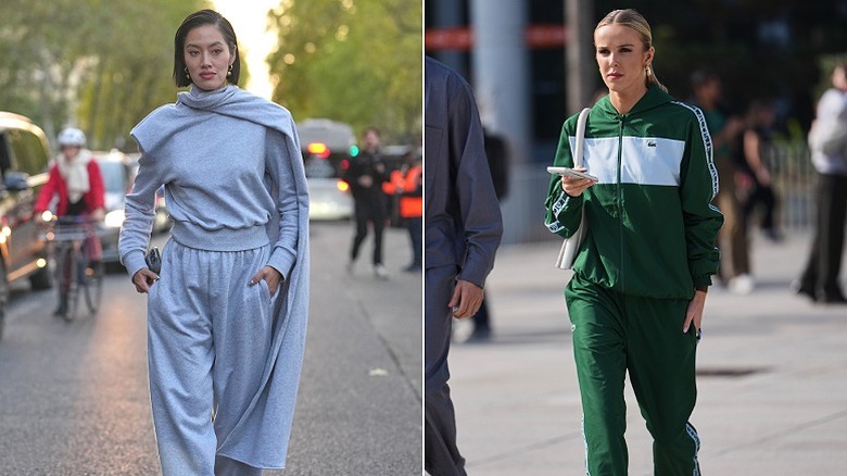 Two fashionable women wearing matching tracksuits