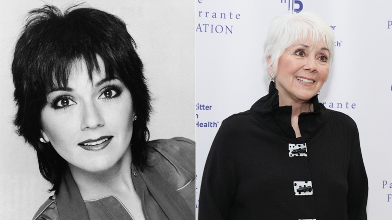 Promotional portrait of American actor Joyce DeWitt for the television show, 'Three's Company', 1978 next to a 2024 red carpet photo of her with gray hair.