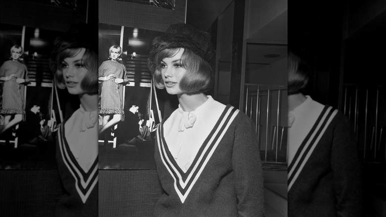 Jean Shrimpton wearing a striped sailor-style sweater and a short bob