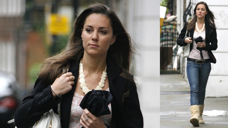 Kate Middleton in jeans, Uggs, a top, a jacket, and a statement necklace