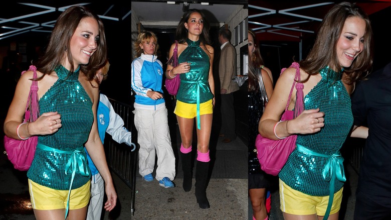 Kate Middleton wearing a sequined top, yellow shorts, and leg warmers