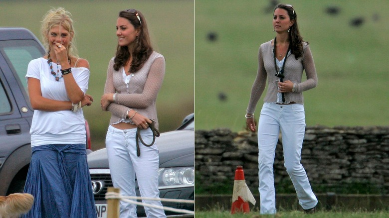 Kate Middleton in low-rise white jeans and a sheer cardigan standing with Chelsy Davy