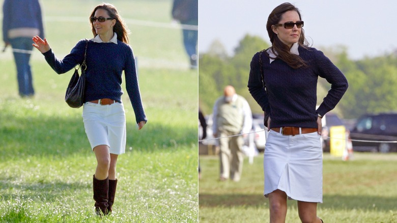 Kate Middleton in a shirt and sweater with a white skirt, belt, and boots