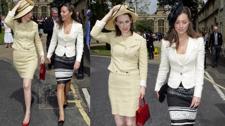 Kate Middleton in a white blazer and pencil skirt with a fascinator