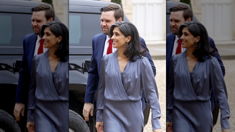 Usha Vance with gray hair walking with JD Vance