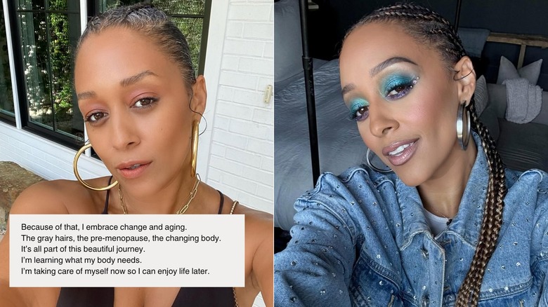 Tia Mowry taking selfies, with the left side showing her with long, gold-tinted hair and the right showing her with pulled-back gray hair