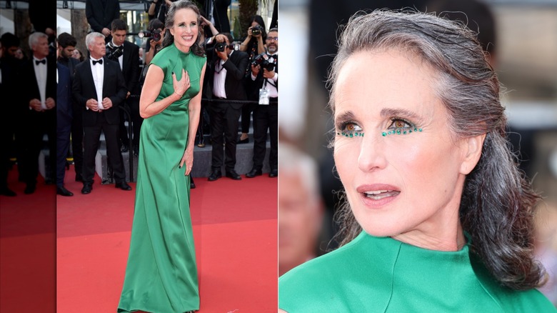 Split image of Andie MacDowell wearing a green dress with green jewel embellishments under her eyes at Cannes Film Festival in 2022.