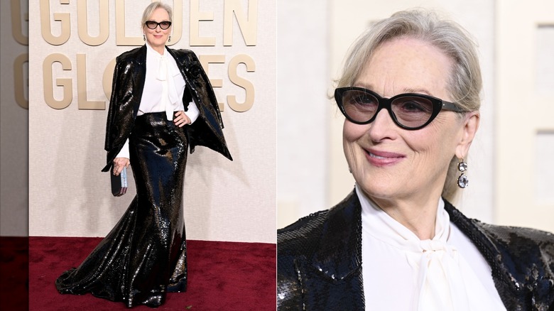 Split image of Meryl Streep wearing a black-sequin skirt and jacket with a white blouse and sunglasses at the Golden Globes in 2024.