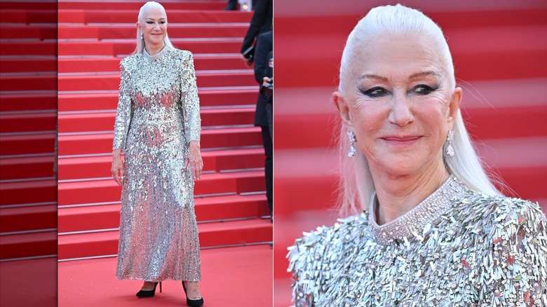 Split image of Helen Mirren wearing a sparkling silver gown with her hair pulled back at Cannes Film Festival in 2022.
