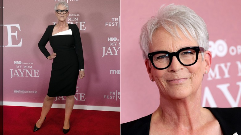 Split image of Jamie Lee Curtis wearing a black dress with a white accent at the Tribeca Festival in 2025.