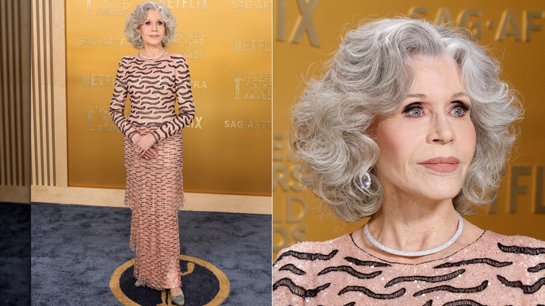 Split image of Jane Fonda wearing a sparkly pink and black dress at the 2025 Screen Actors Guild Awards.