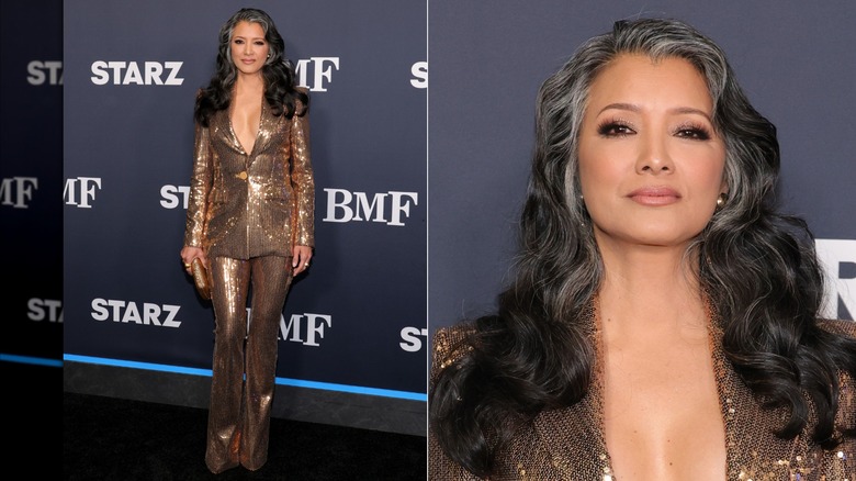 Split image of Kelly Hu wearing a gold-sequin pants and jacket combo at the premiere of "BMF" Season 3 in 2024.