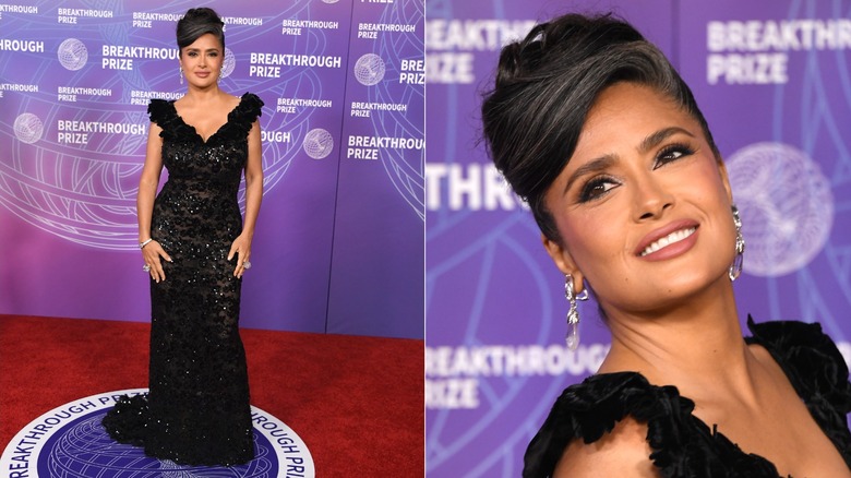 Split image of Salma Hayek in a sparkly black gown at the Breakthrough Prize Ceremony in 2026.