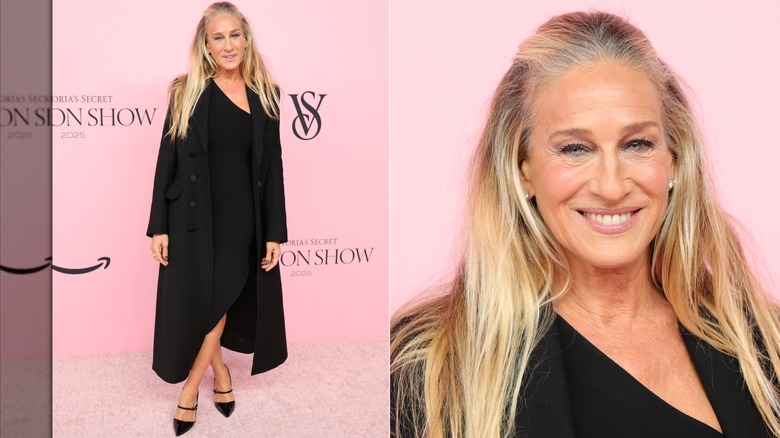 Split image of Sarah Jessica Parker wearing a black outfit at the 2025 Victoria's Secret Fashion Show.