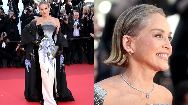 Split image of Sharon Stone wearing an elaborate red-carpet dress at Cannes Film Festival in 2026.