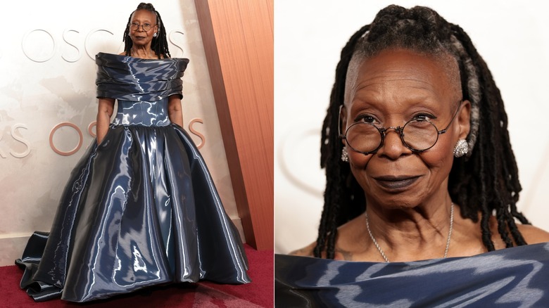 Split image of Whoopi Goldberg in a shiny red carpet gown at the Academy Awards in 2025.
