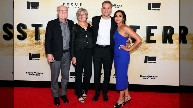 Matt Damon, his parents, and Alexia Barroso in 2021 at the  2021 premiere of "Stillwater"