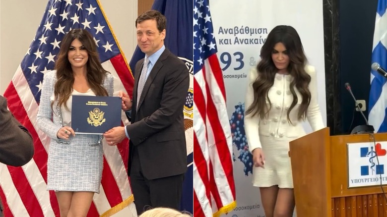 Kimberly Guilfoyle receives certificate after completing ambassador school in May 2025 (2025); Kimberly Guilfoyle attends meeting with Greek Health Ministry in November 2025 (2025)
