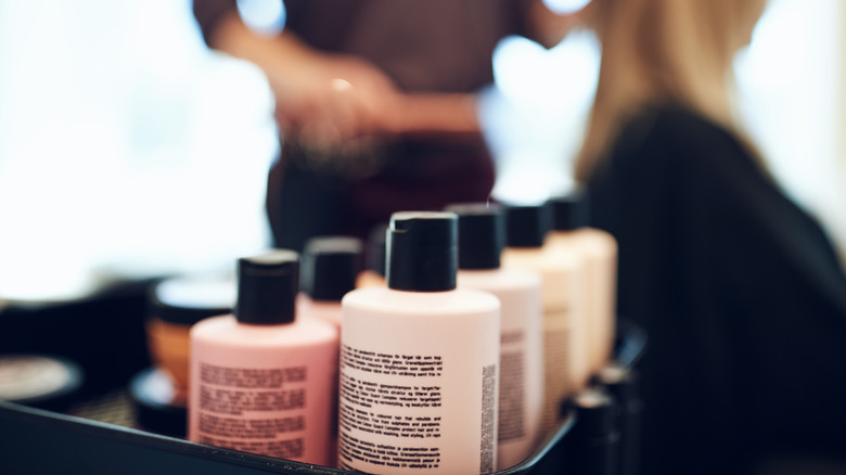 Hair products sitting in a hair salon