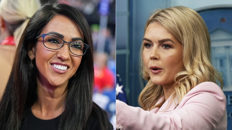 Lauren Boebert wearing glasses and Karoline Leavitt giving a press conference, both with heavy eyebrow makeup