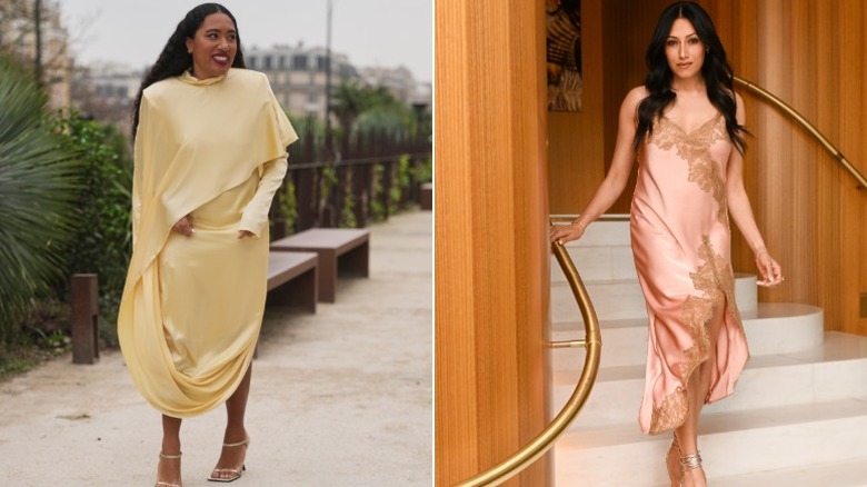 A woman in a yellow dress, and one wearing a soft pink dress